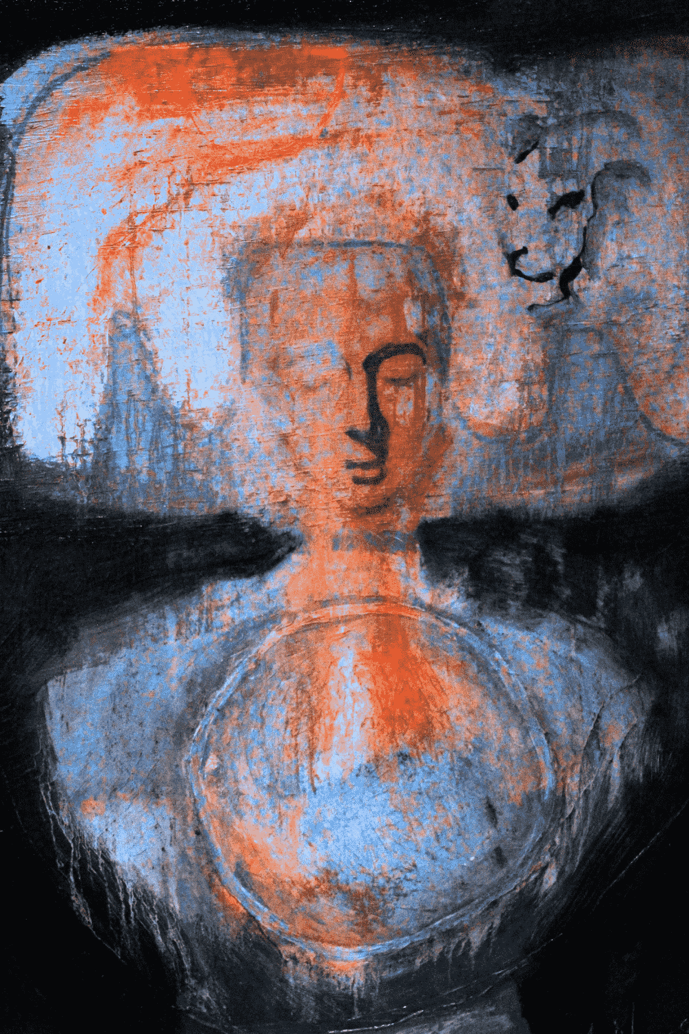 Pintura abstrata de figura humana com um leão sobre a cabeça, sugerindo o inconsciente. Escuta psicanalítica – Juliana Bucher